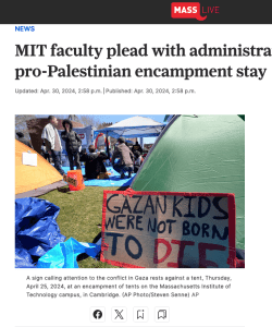 Headline of Masslive article says MIT faculty plead with administrators to let pro-Palestinian encampment stay